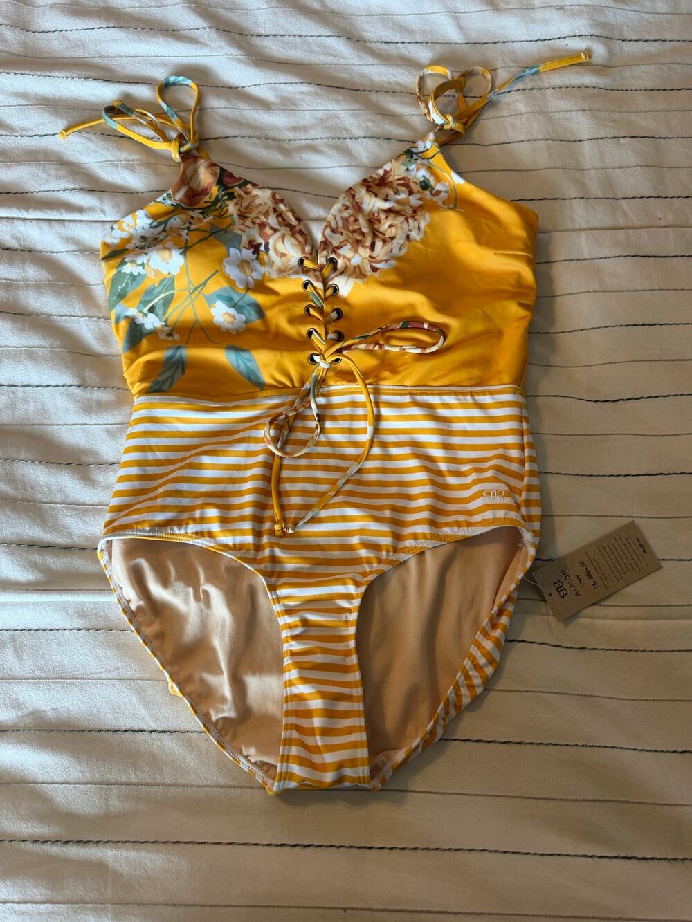 Albion Fit The Rachel One Piece Swimsuit Yellow Floral Pattern Lace Up Front
